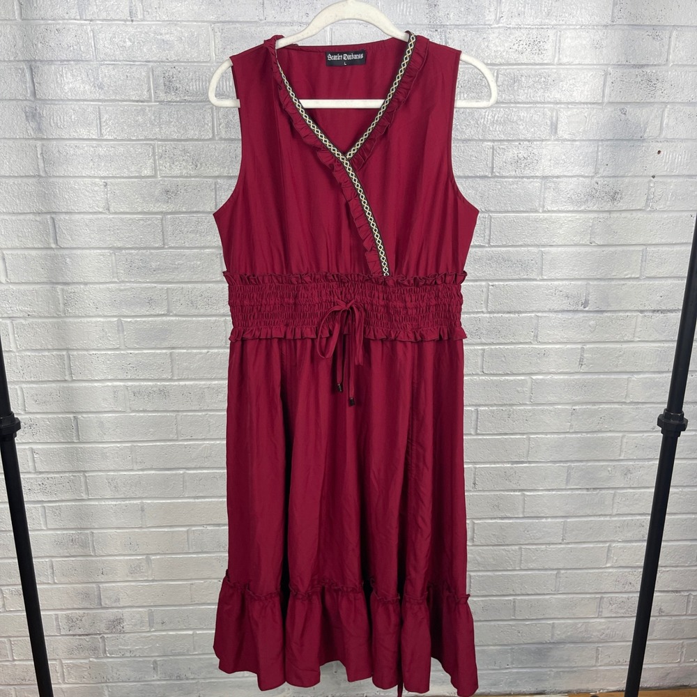 Scarlet Darkness Smocked Waist Midi Dress Womens L Red Fairy Grunge Cottagecore